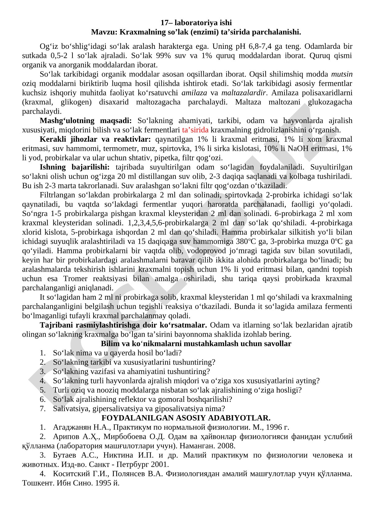 Kraxmalning so'lak (enzimi) ta'sirida parchalanishi