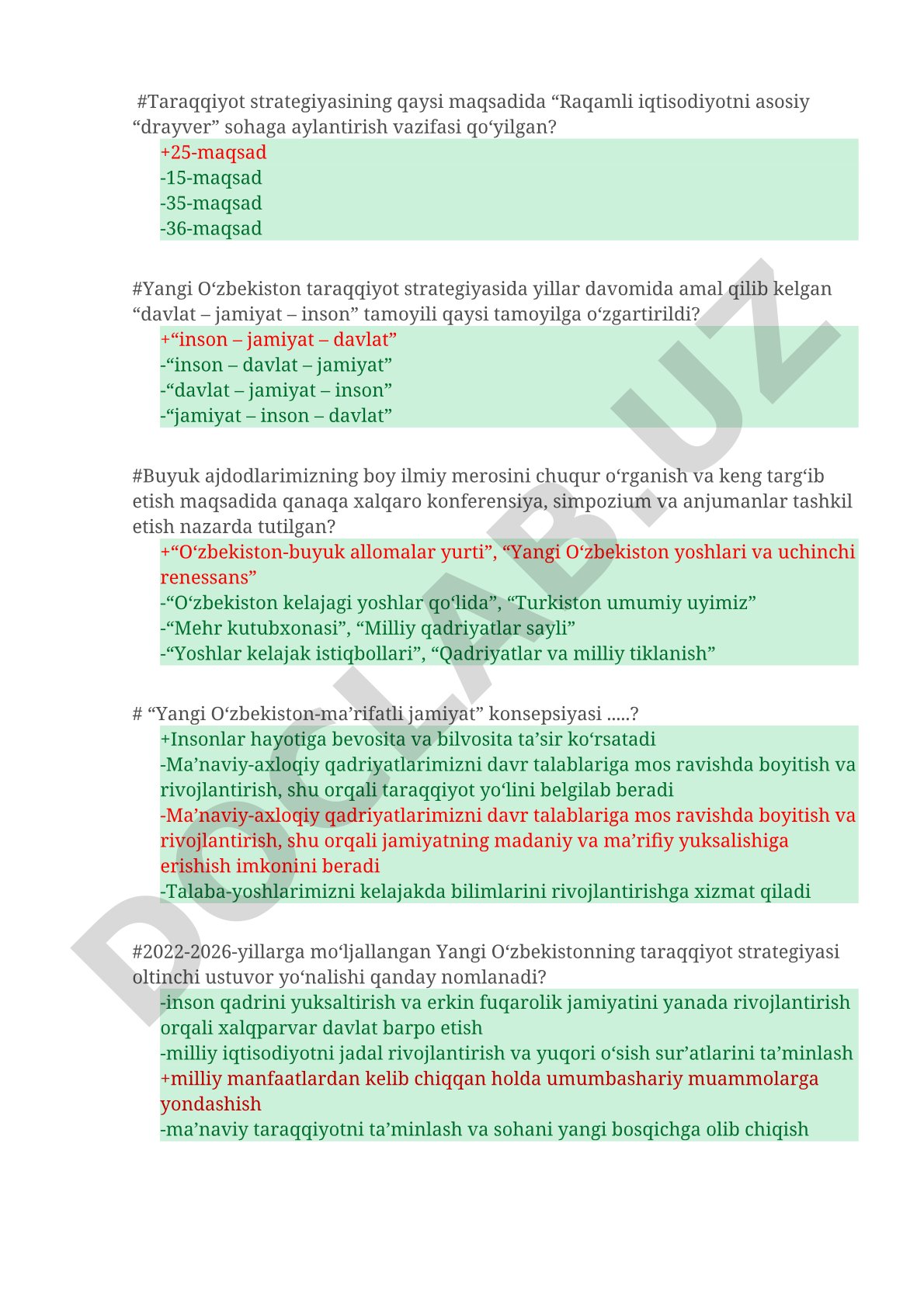 Yangi O'zbekiston taraqqiyot strategiyasi bo'yicha test savollari