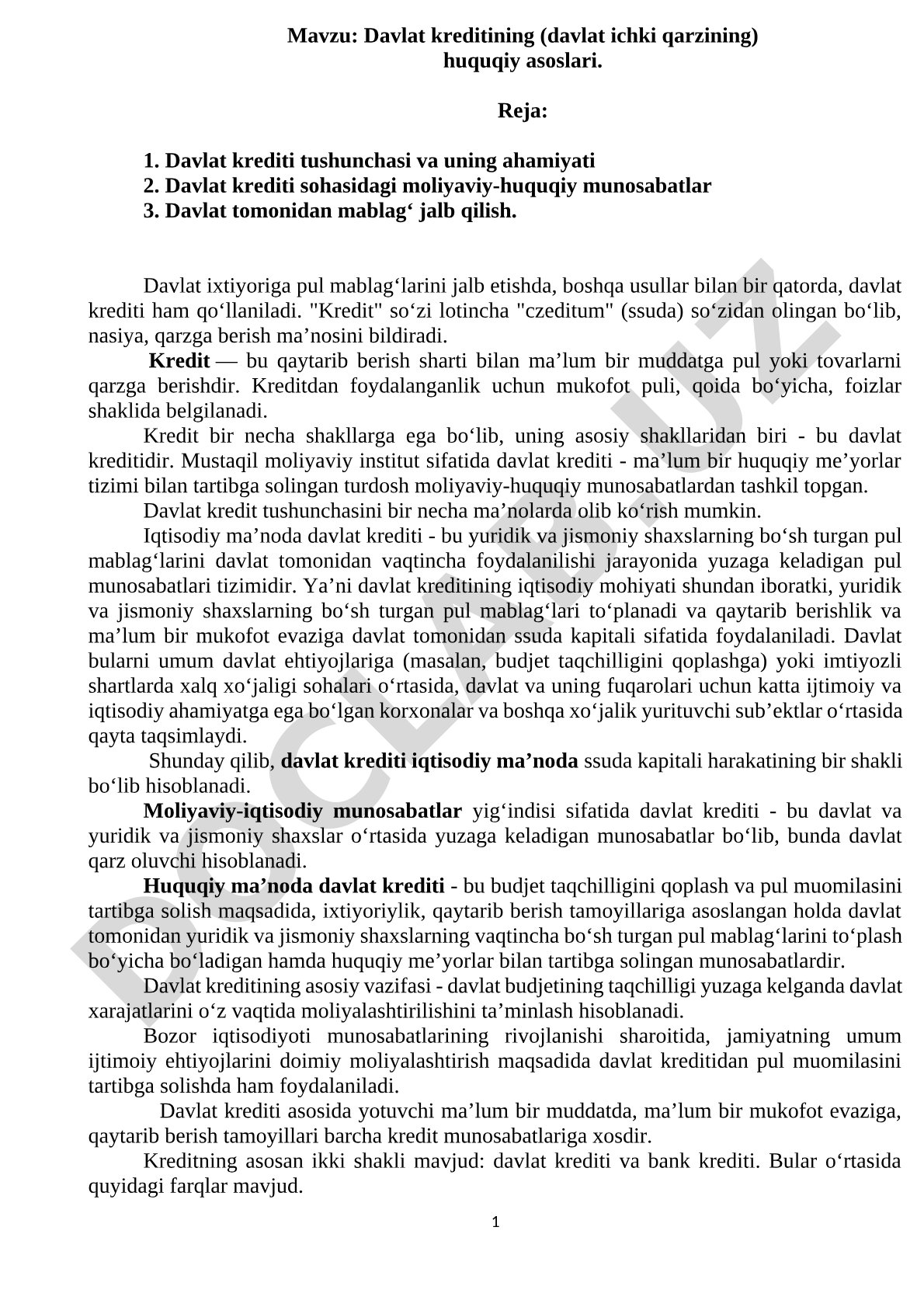 Davlat kreditining (davlat ichki qarzining) huquqiy asoslari