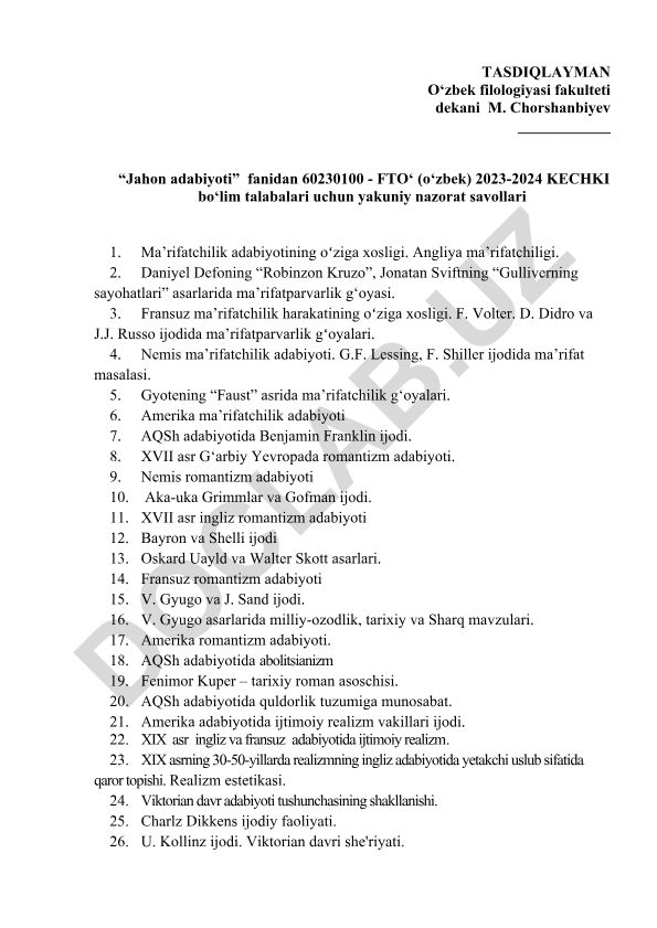 Jahon adabiyoti fanidan yakuniy nazorat savollari