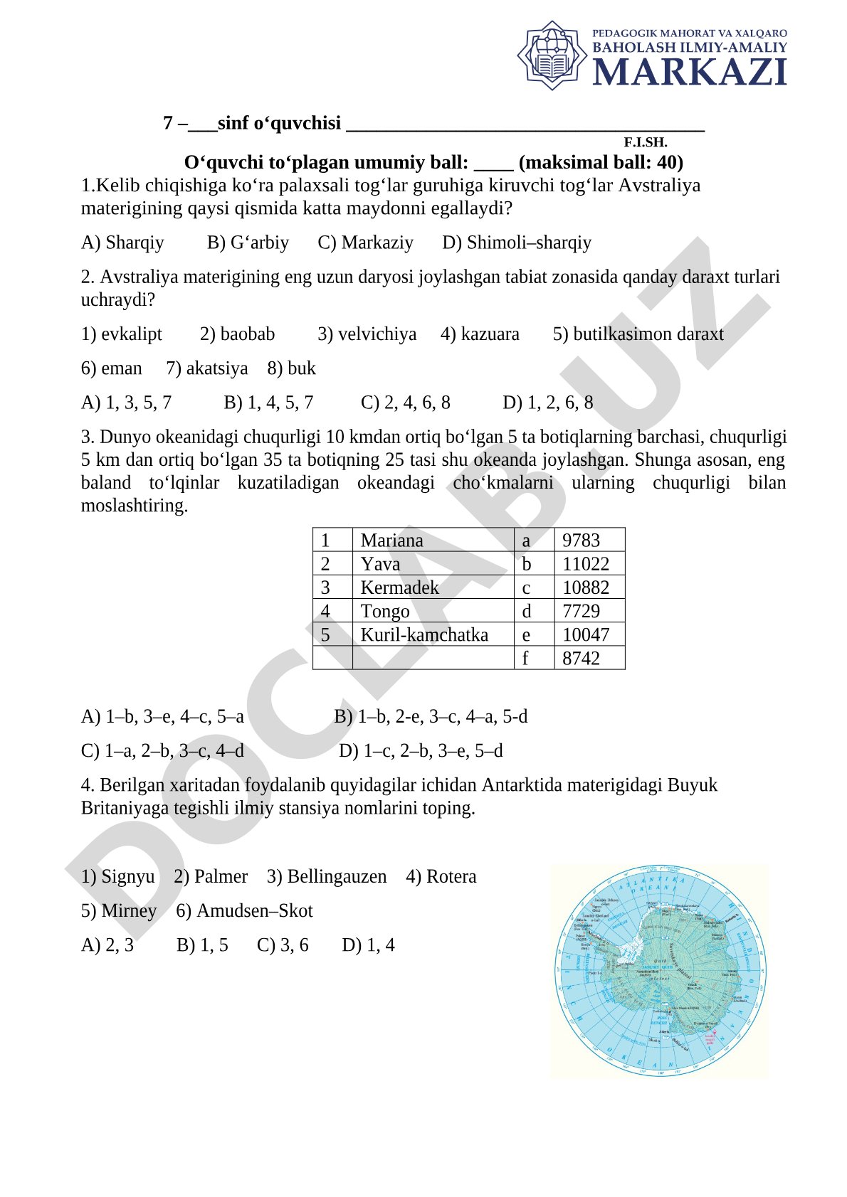 Avstraliya, okeanlar va Antarktida geografiyasi testi