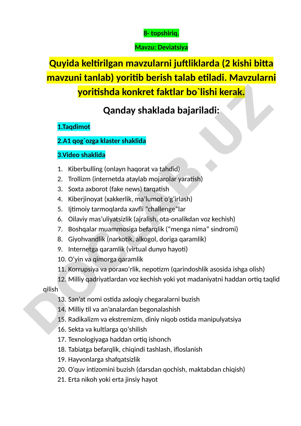 Deviatsiya mavzusidagi topshiriq