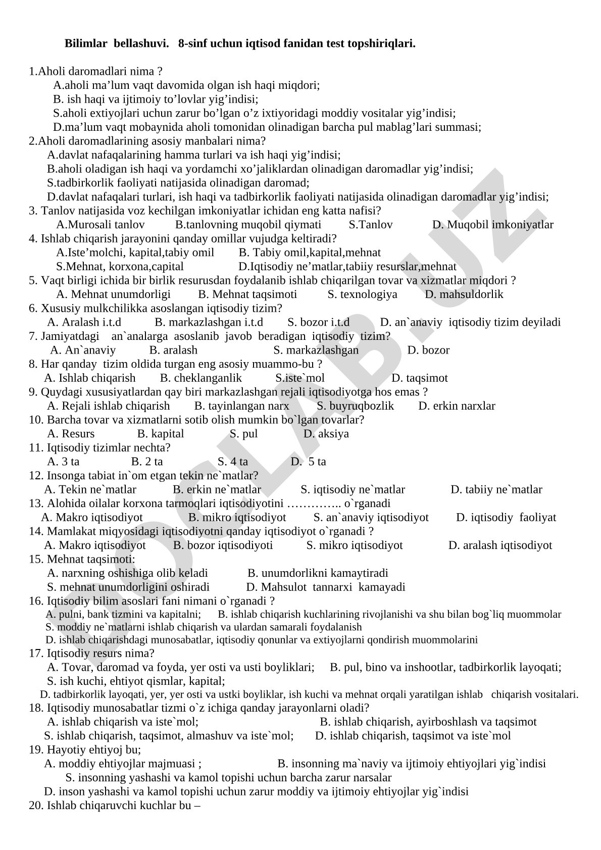 8-sinf iqtisod fanidan test topshiriqlari