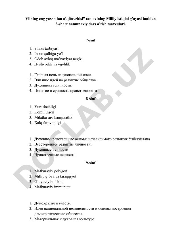 Milliy istiqlol g'oyasi fanidan namunaviy dars mavzulari