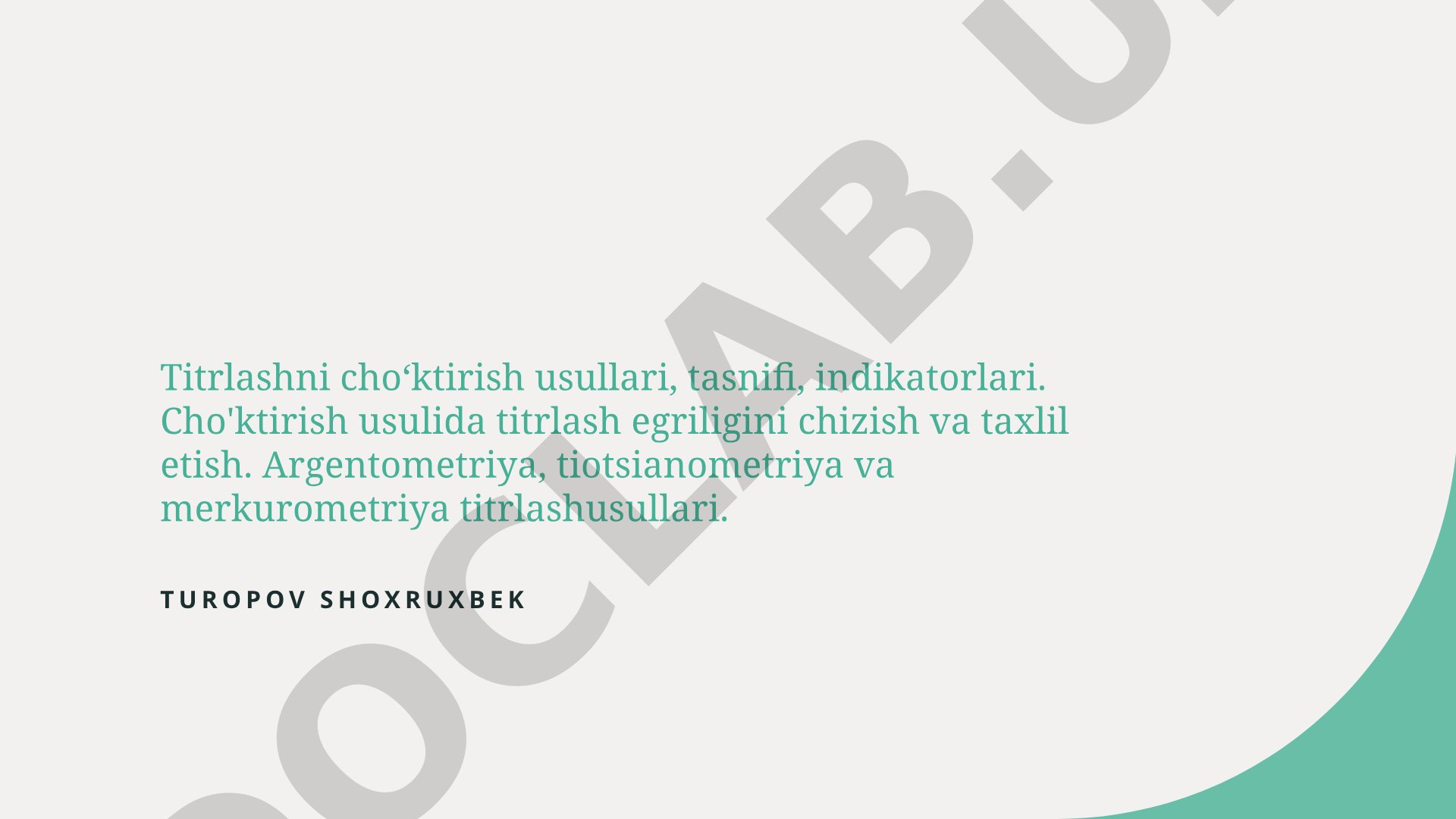 Titrlashni choʻktirish usullari, tasnifi, indikatorlari