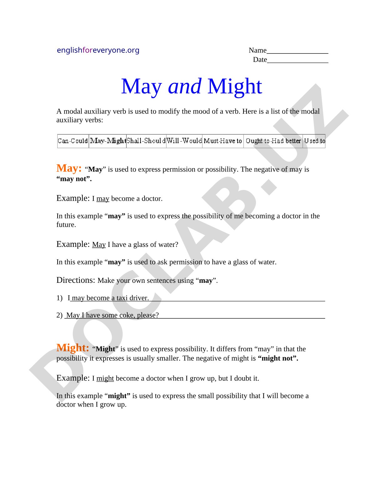 Modal Verbs May and Might Grammar Exercises