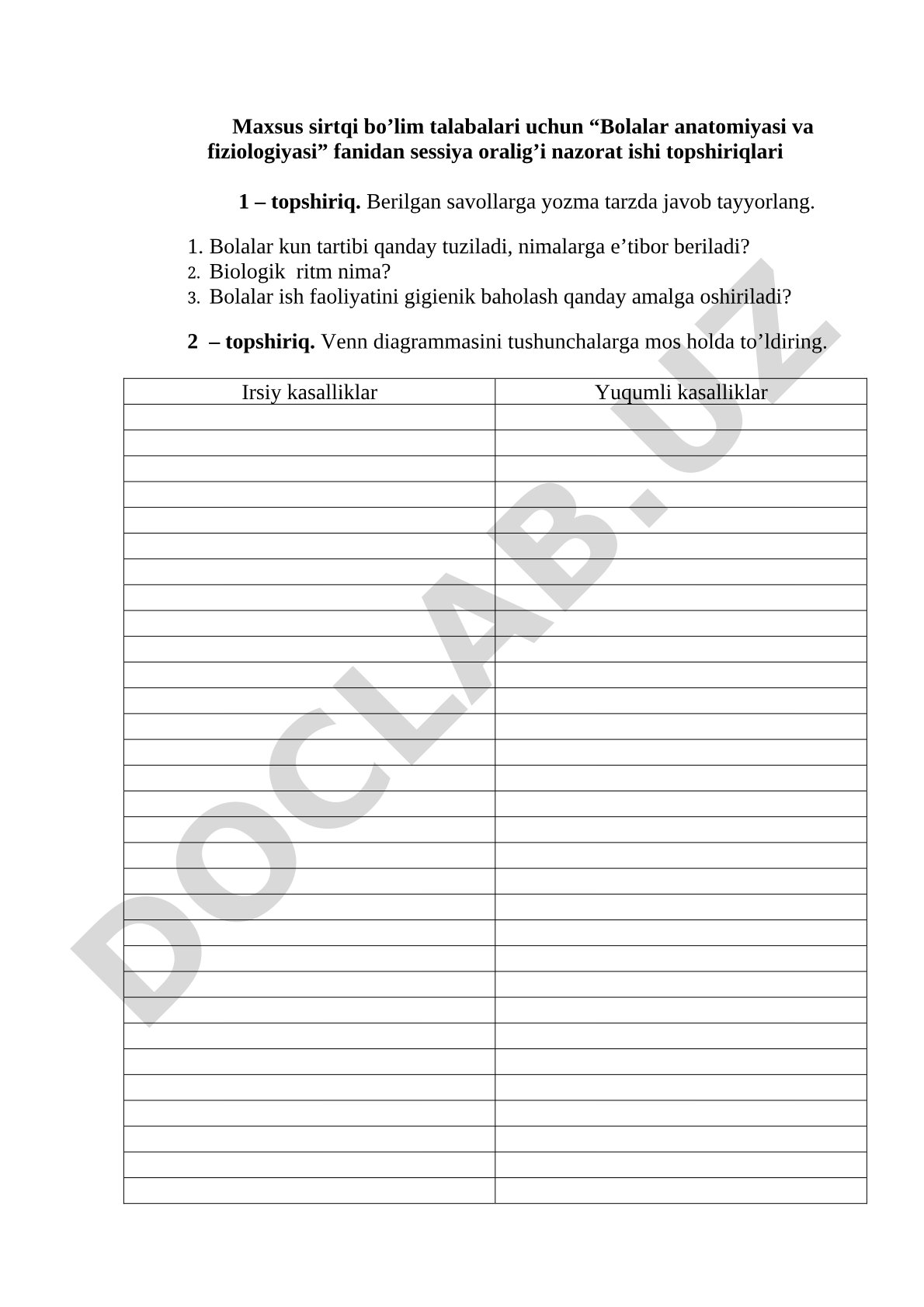 Bolalar anatomiyasi va fiziologiyasi fanidan nazorat topshiriqlari