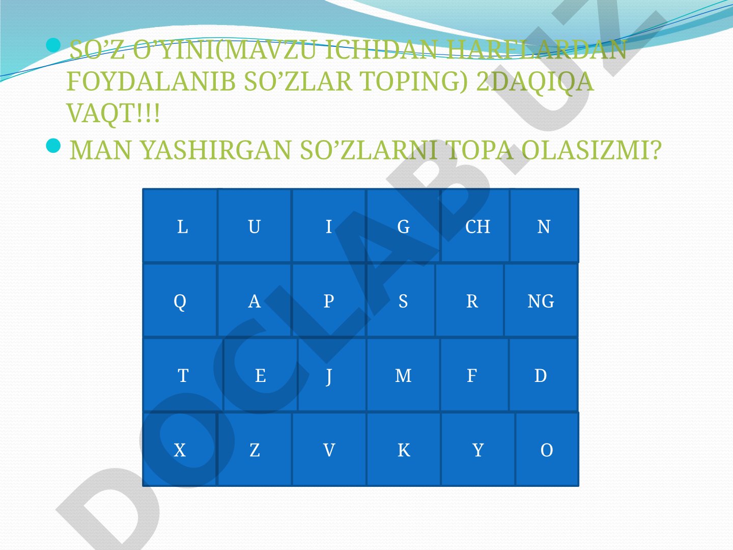 So'z o'yini mavzu ichidan harflardan foydalanib so'zlar topish