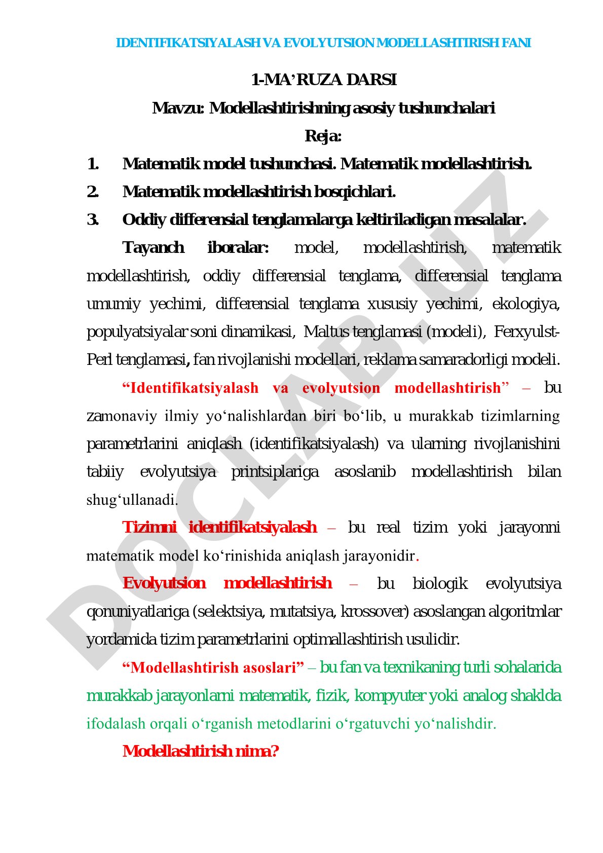 Modellashtirishning asosiy tushunchalari