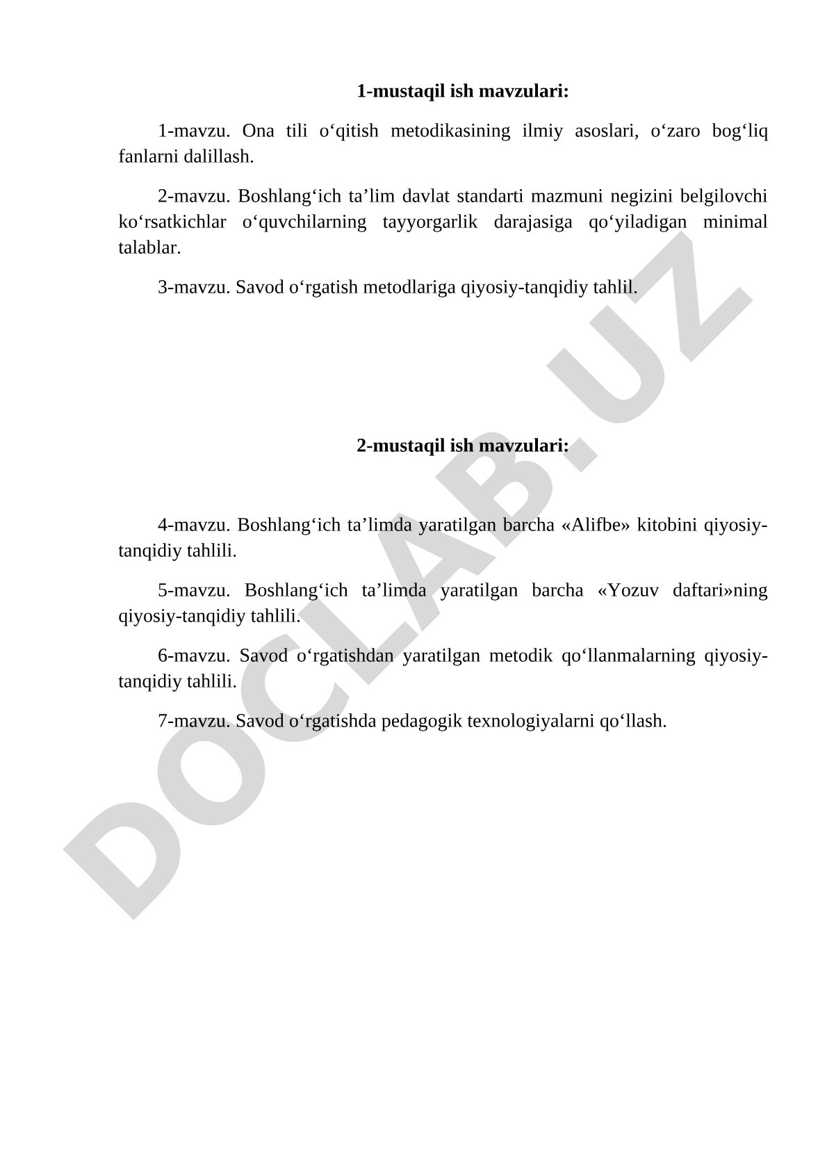 Boshlang'ich ta'limda ona tili va savod o'rgatish metodikasi mustaqil ish mavzulari