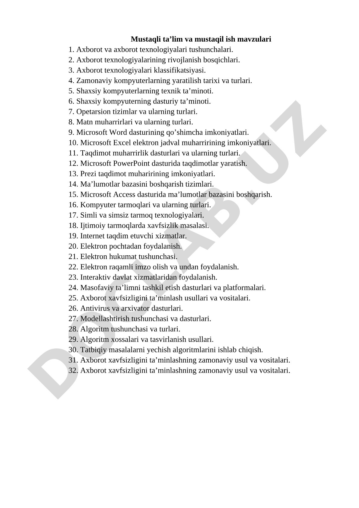 Axborot texnologiyalari bo'yicha mustaqil ta'lim mavzulari