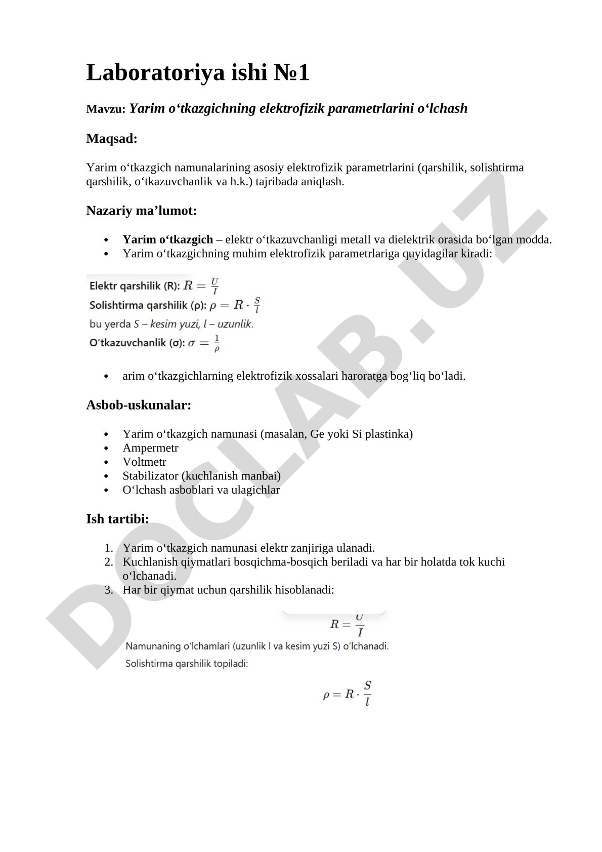 Yarim o'tkazgichning elektrofizik parametrlarini o'lchash