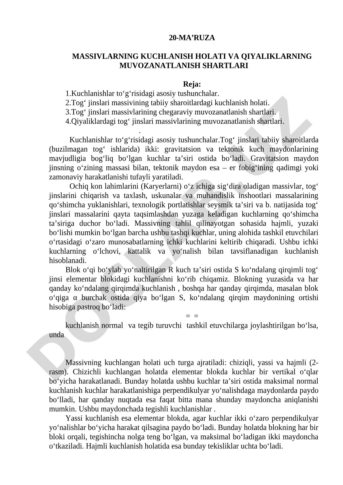 20-ma’ruza massivlarning kuchlanish holati va qiyaliklarning muvozanatlanish shartlari
