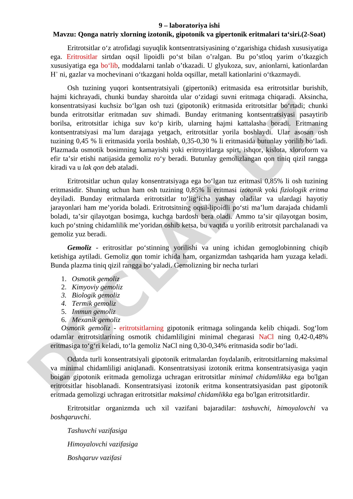 Qonga natriy xlorning izotonik, gipotonik va gipertonik eritmalari ta'siri