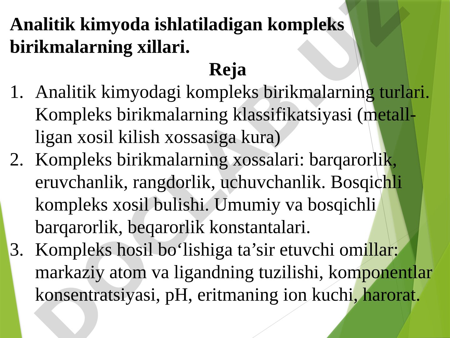 Analitik kimyoda ishlatiladigan kompleks birikmalarning xillari