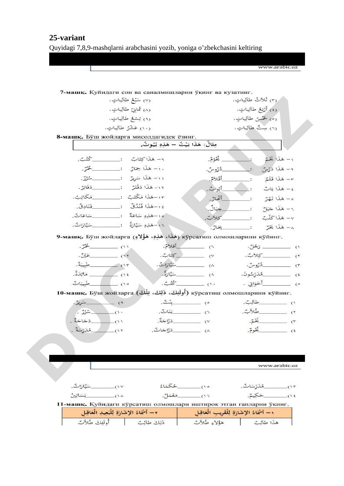 25-variant: 7,8,9-mashqlarni arab va o'zbek tillarida yozish