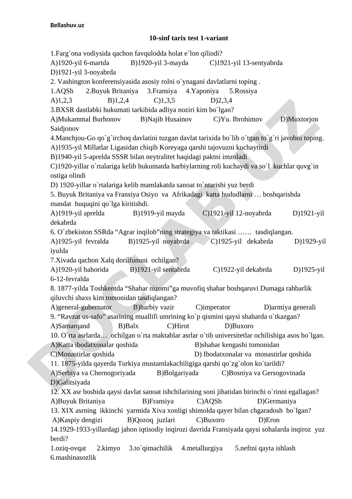 10-sinf tarix test 1-variant