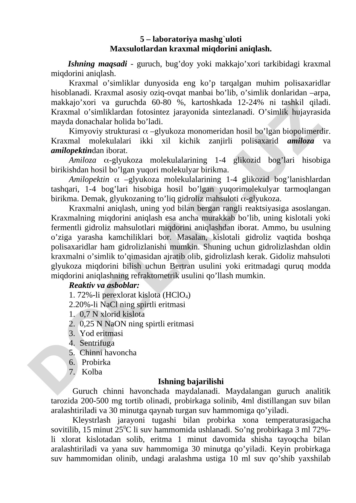 Maxsulotlardan kraxmal miqdorini aniqlash