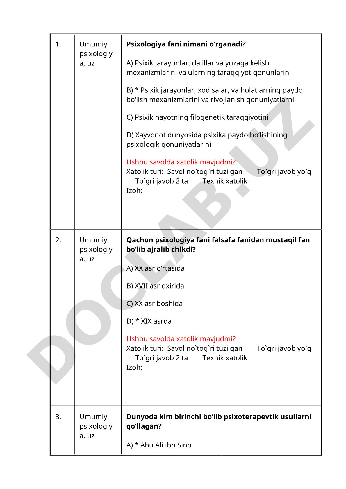 Umumiy psixologiya fanidan test savollari