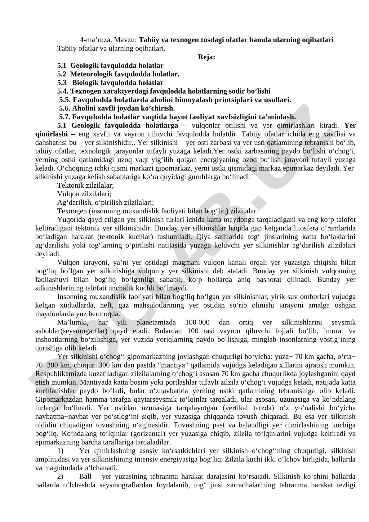 Tabiiy va texnogen tusdagi ofatlar hamda ularning oqibatlari