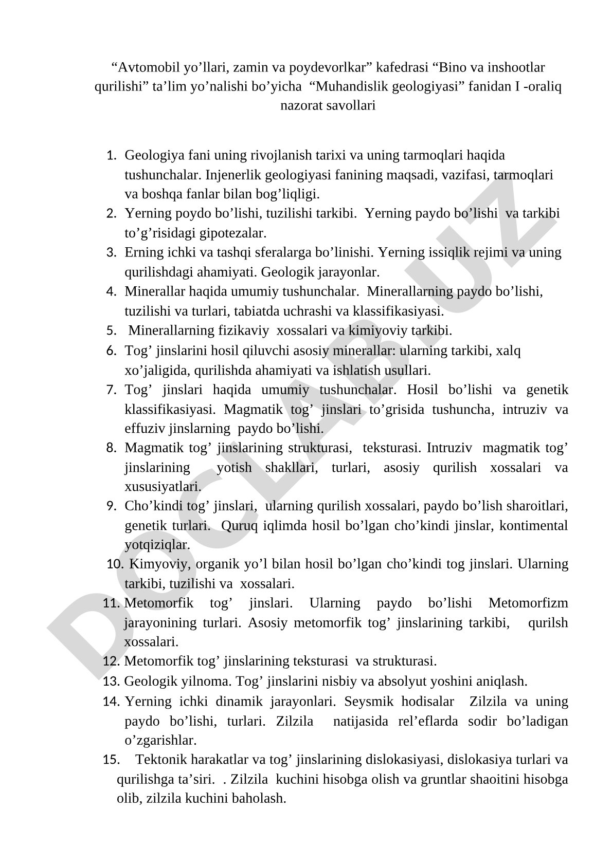 Muhandislik geologiyasi fanidan I-oraliq nazorat savollari