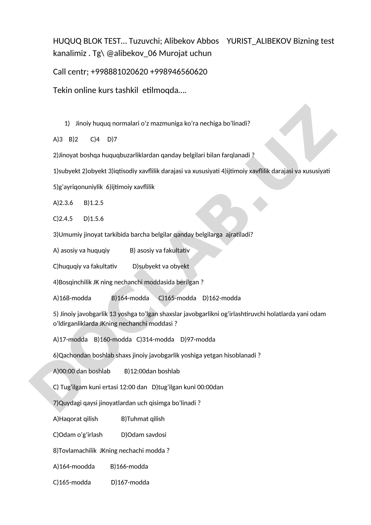 Jinoiy huquq bo'yicha test savollari