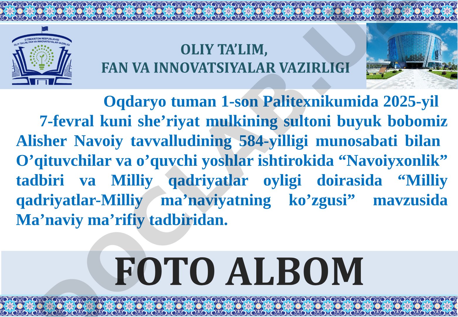 Navoiyxonlik tadbiri va Milliy qadriyatlar oyligi doirasidagi ma'naviy-ma'rifiy tadbir