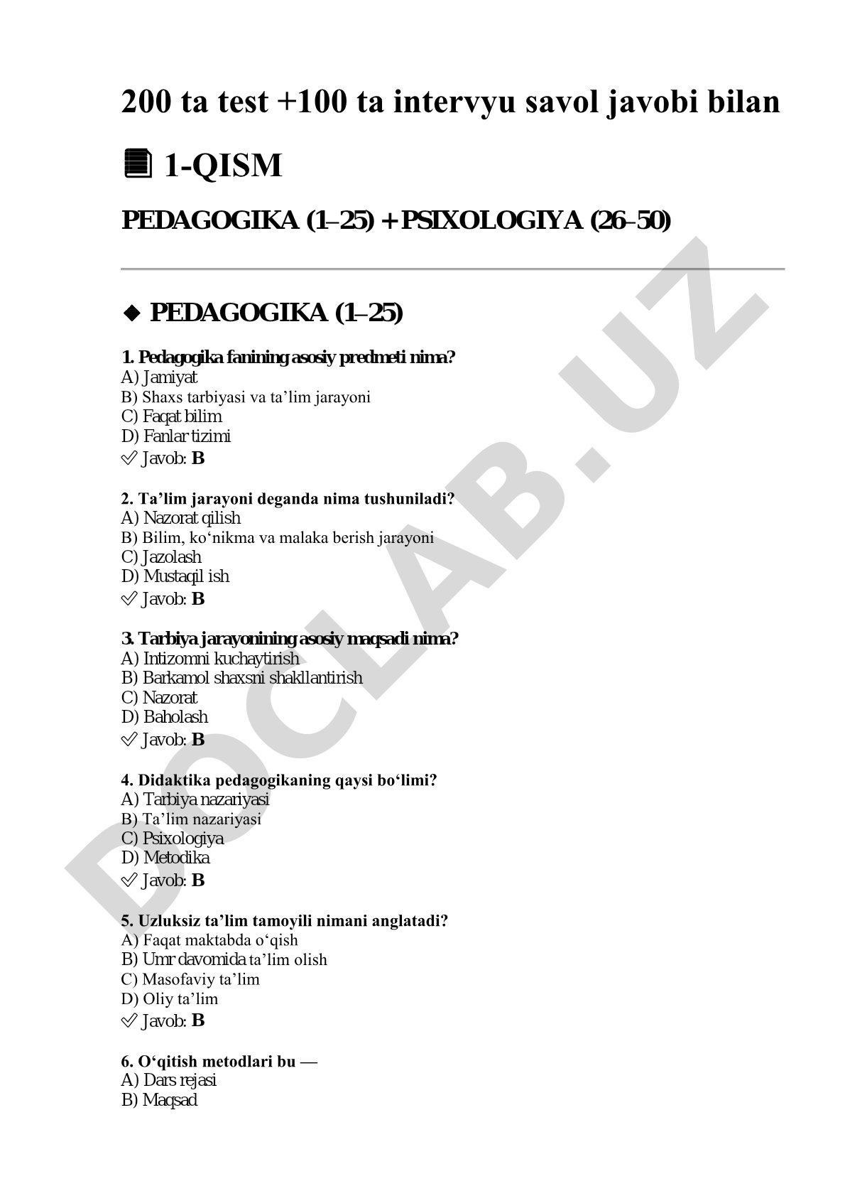 Pedagogika va psixologiya fanlaridan test savollari