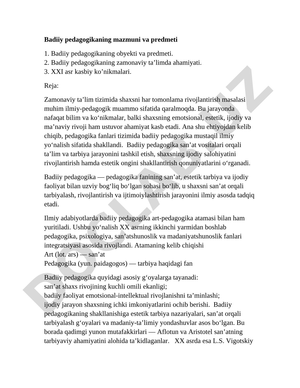 Badiiy pedagogikaning mazmuni va predmeti