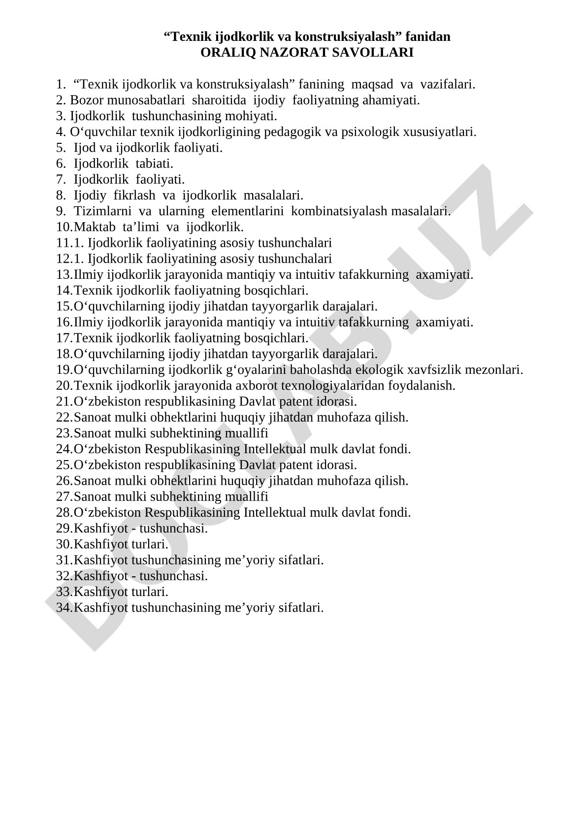Texnik ijodkorlik va konstruksiyalash fanidan oraliq nazorat savollari
