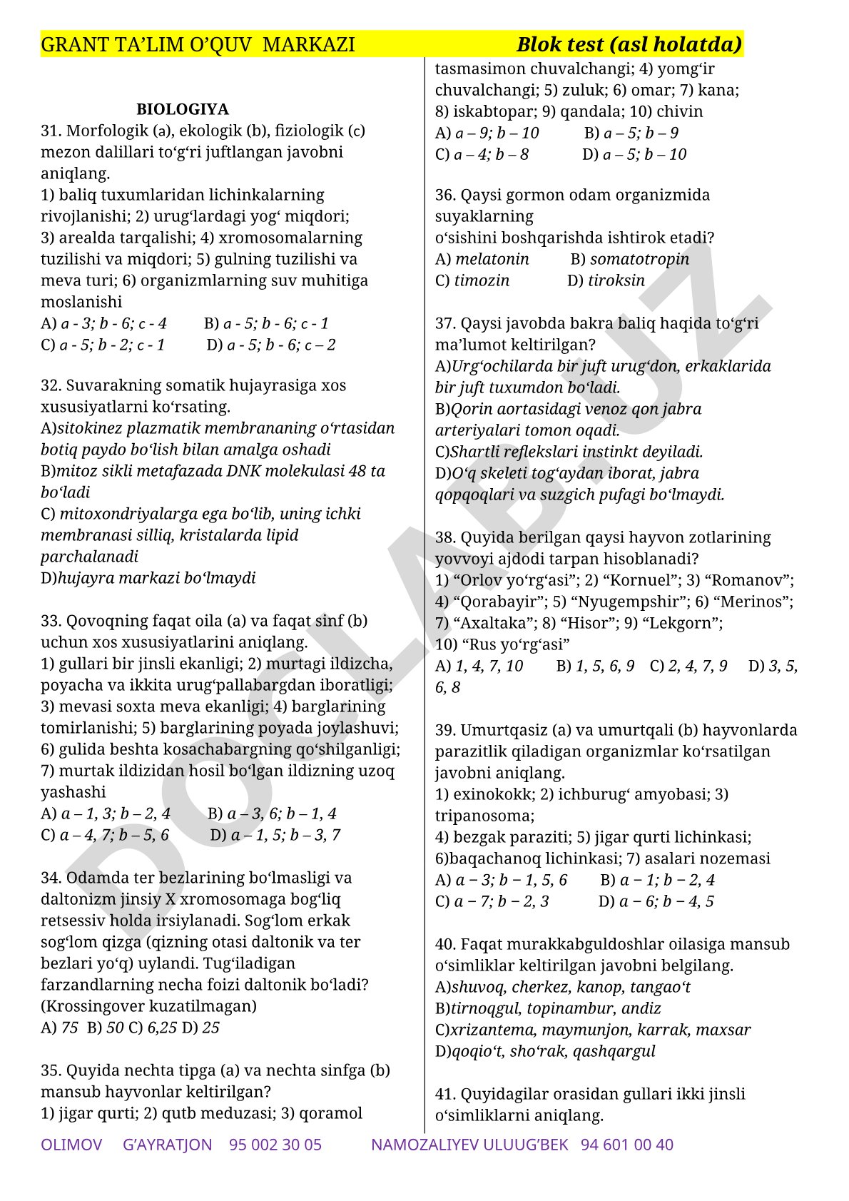 Biologiya fanidan test savollari