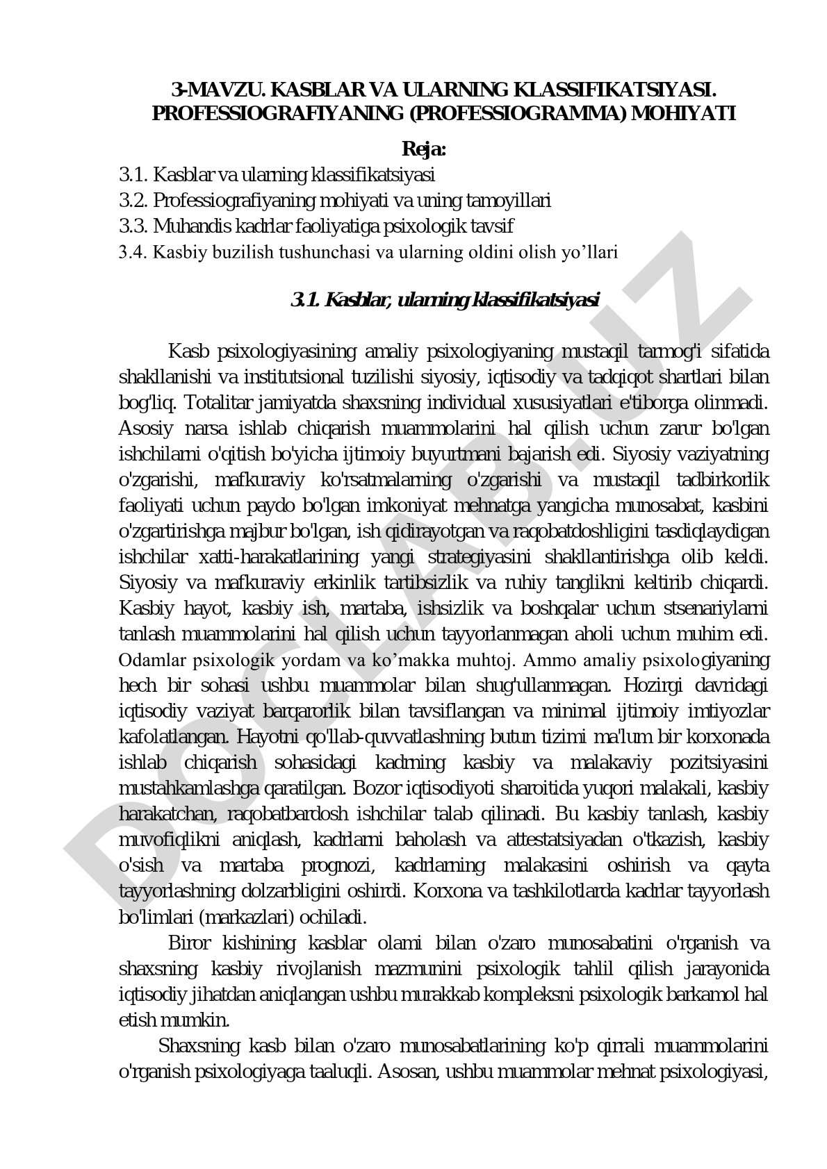 Kasblar va ularning klassifikatsiyasi. Professiografiyaning (professiogramma) mohiyati