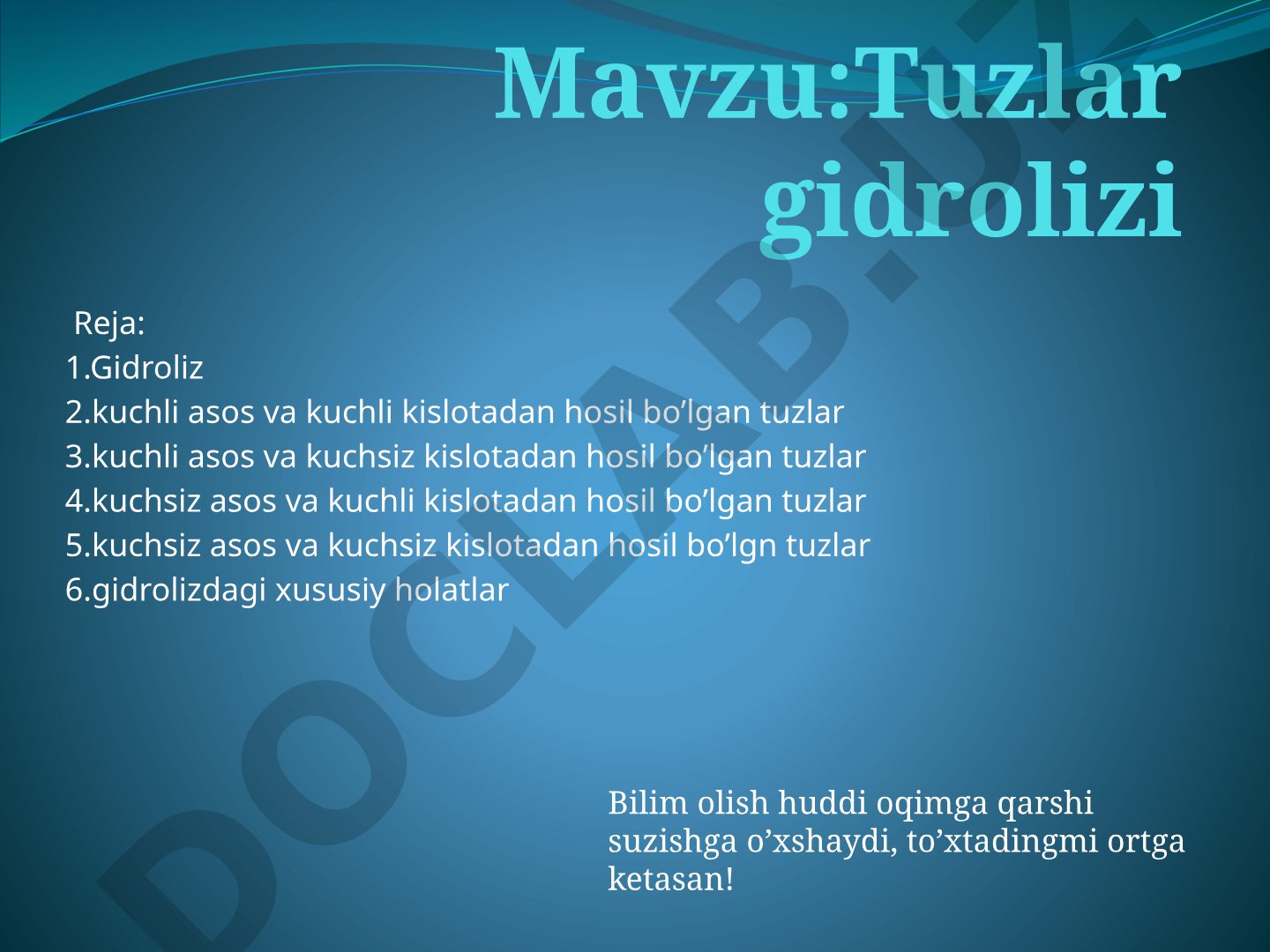 Tuzlar gidrolizi haqida taqdimot: turlari, misollar va xususiy holatlar