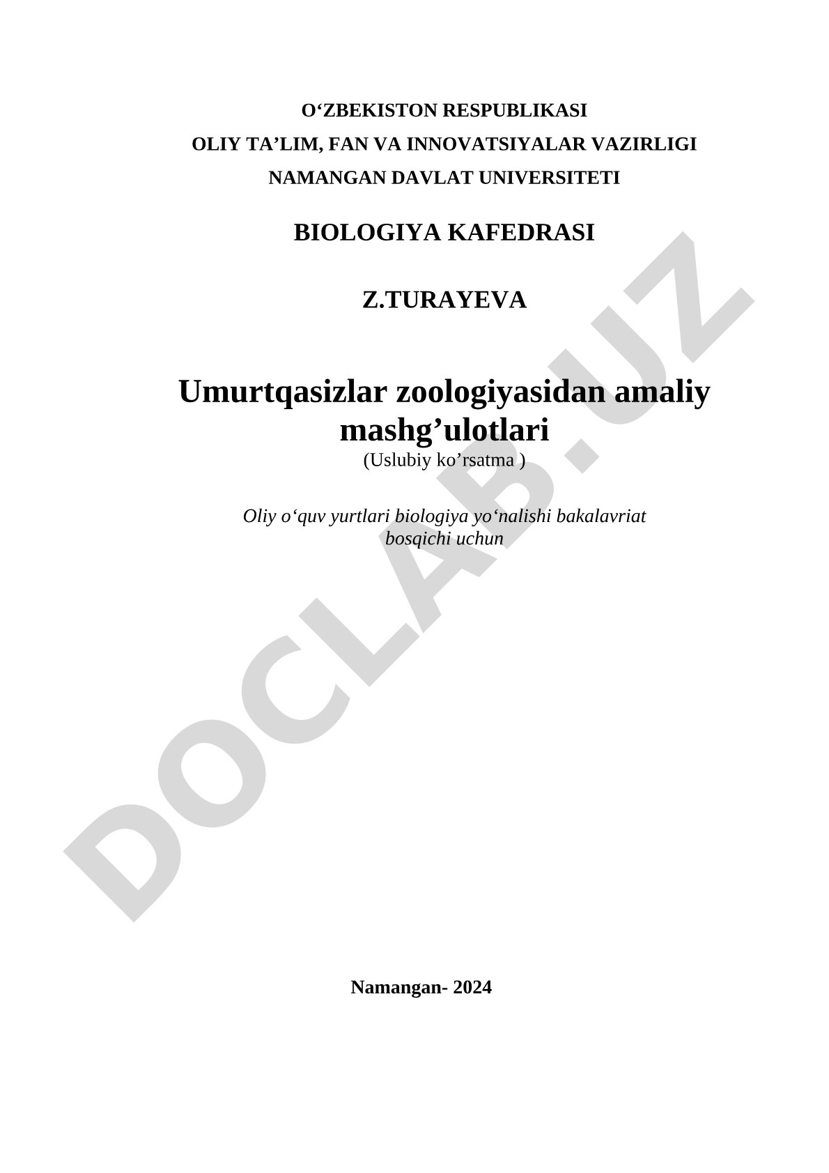 Umurtqasizlar zoologiyasidan amaliy mashg'ulotlari