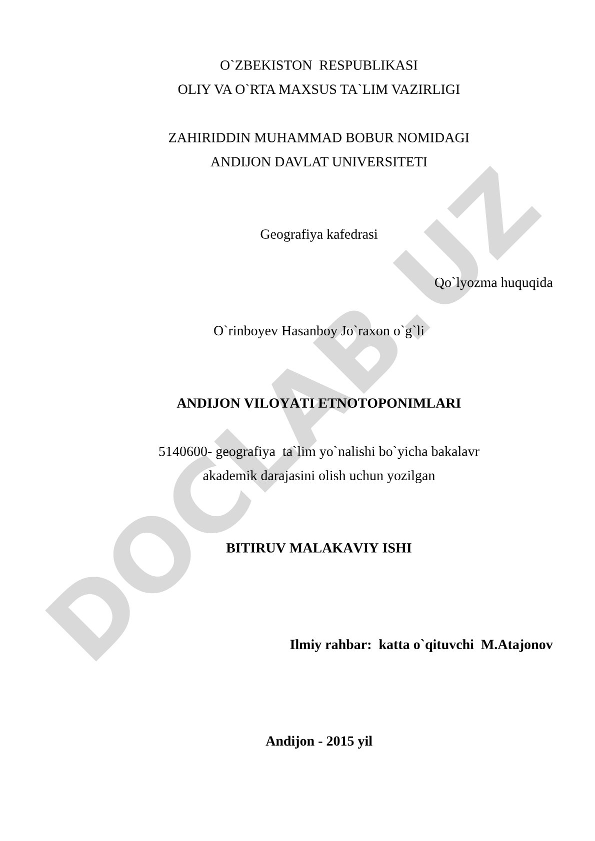 Andijon viloyati etnotoponimlarining shakllanishi va turlari o'rganilgan
