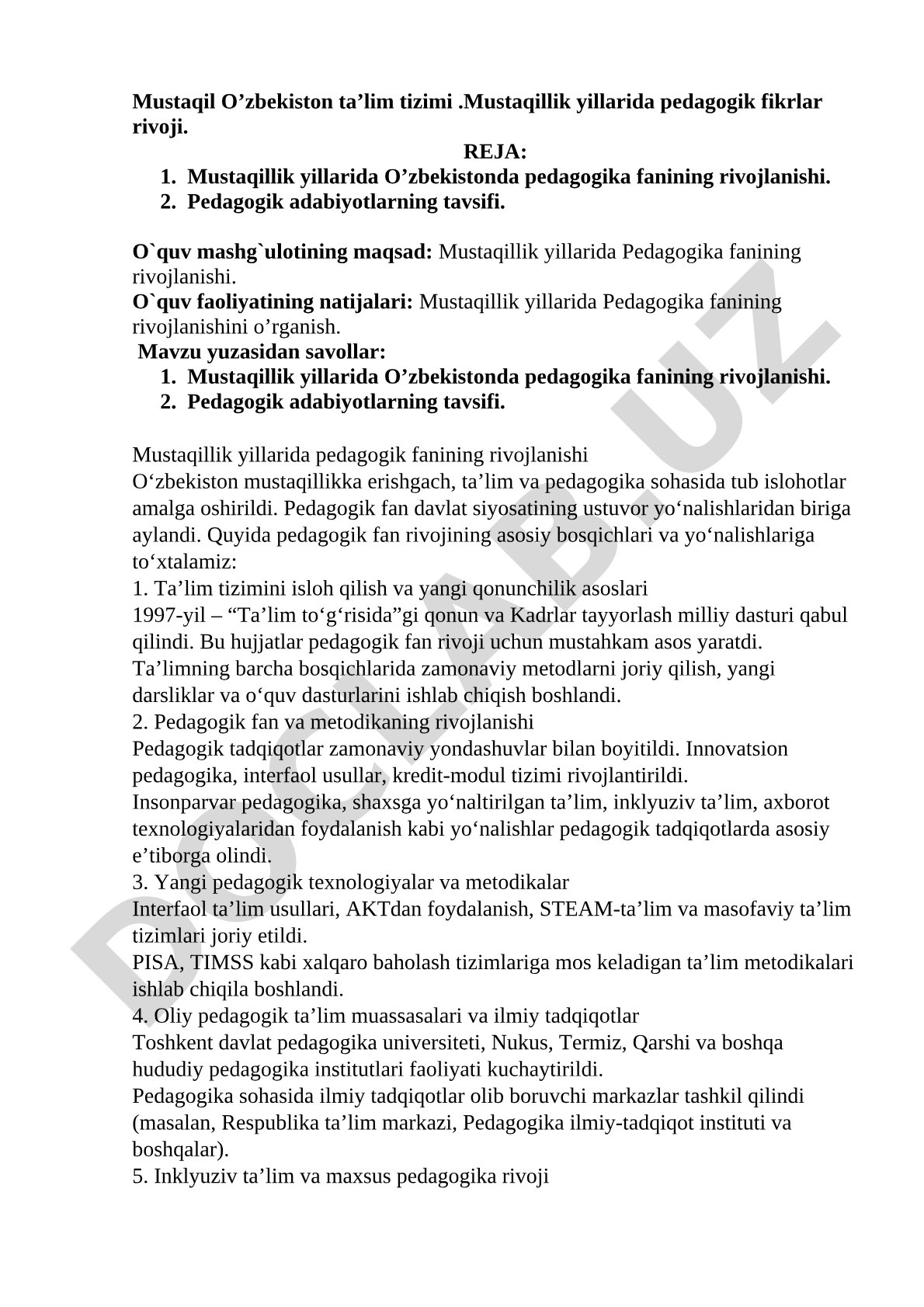 Mustaqil O’zbekiston ta’lim tizimi. Mustaqillik yillarida pedagogik fikrlar rivoji