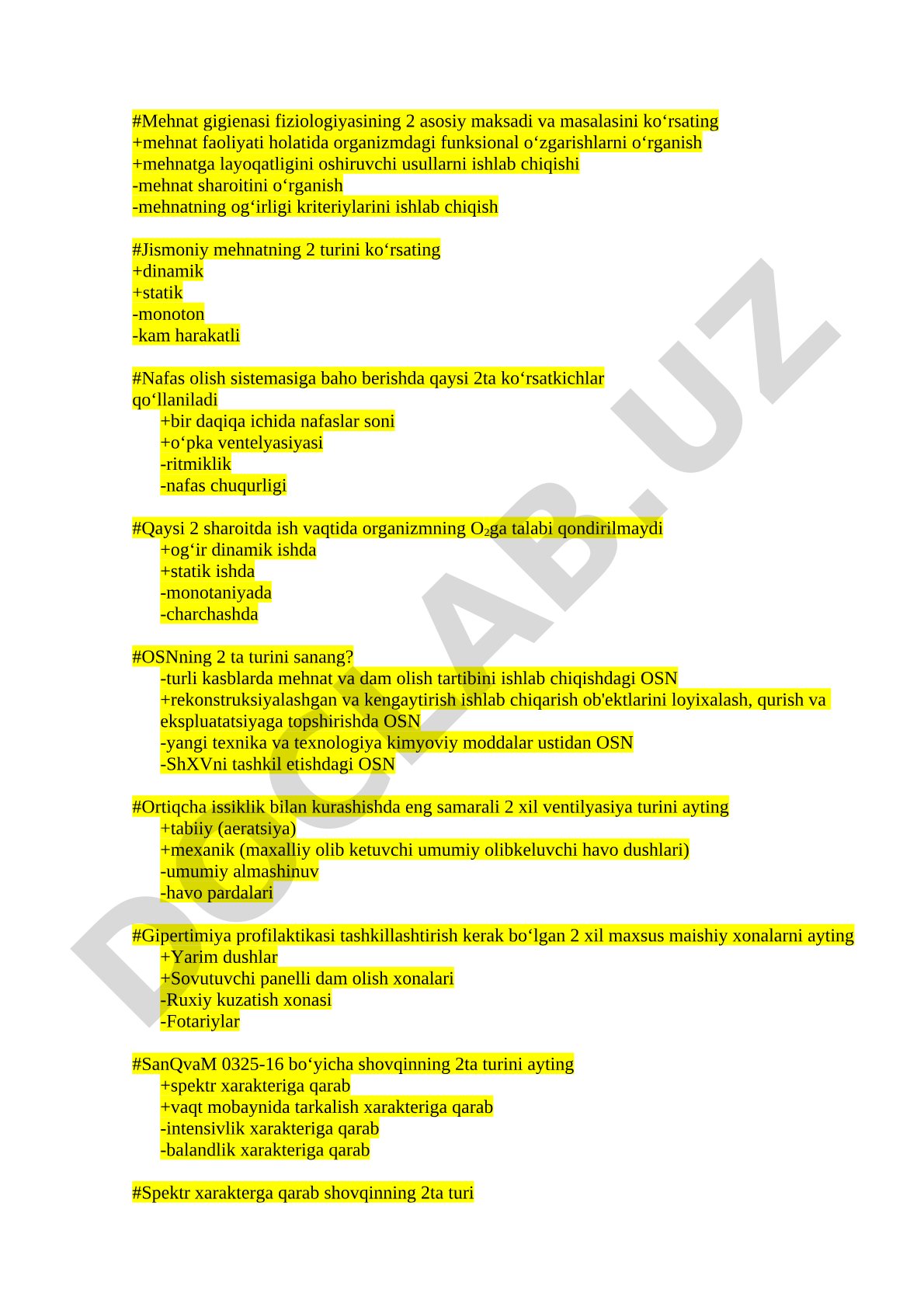 Mehnat gigienasi fiziologiyasidan test savollari