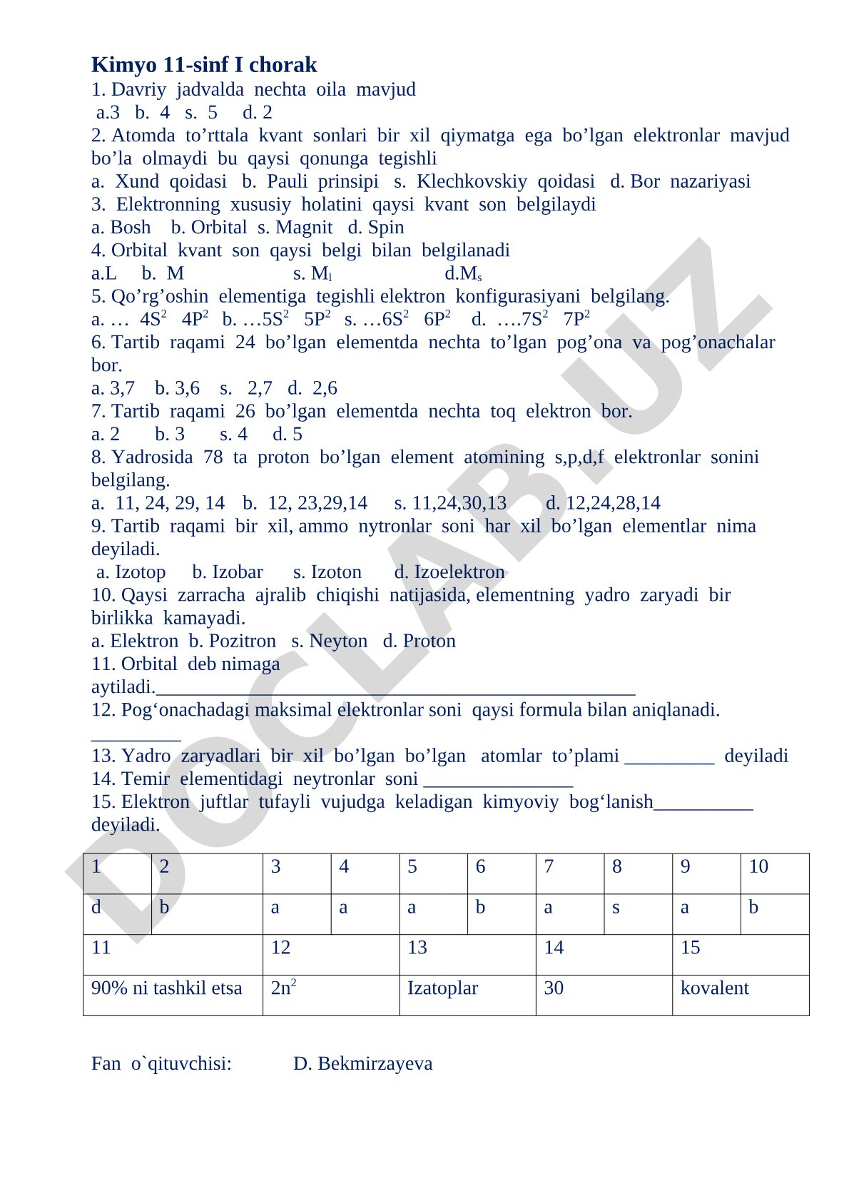 Kimyo 11-sinf I chorak test savollari