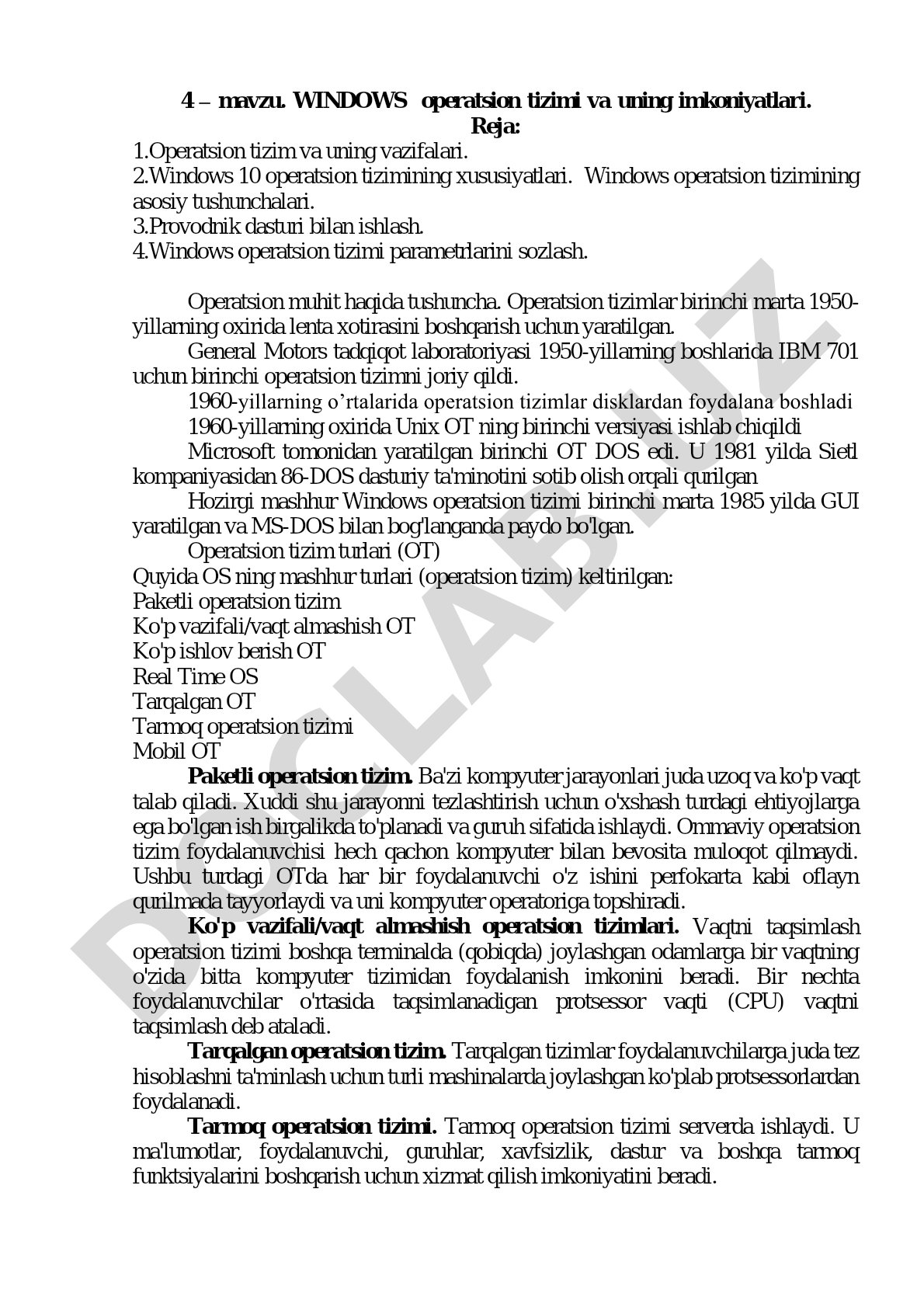 WINDOWS operatsion tizimi va uning imkoniyatlari