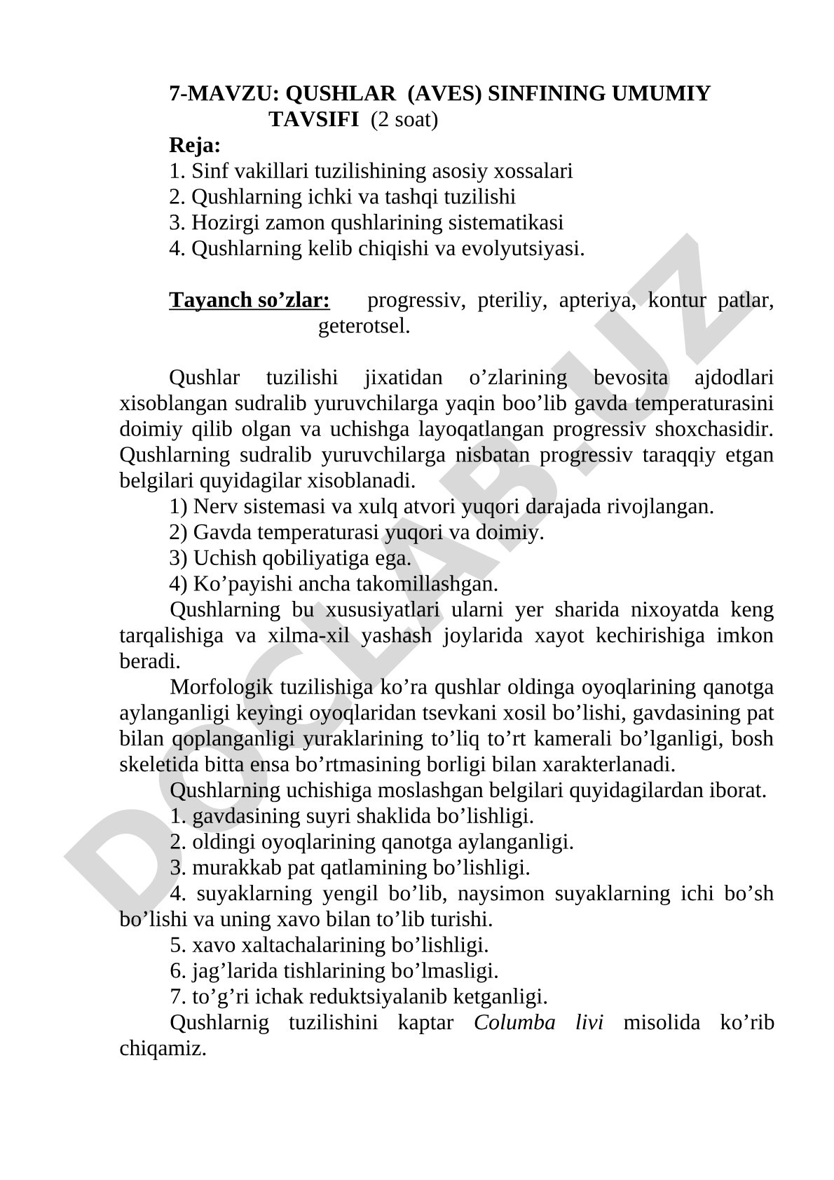 Qushlar (Aves) sinfining umumiy tavsifi