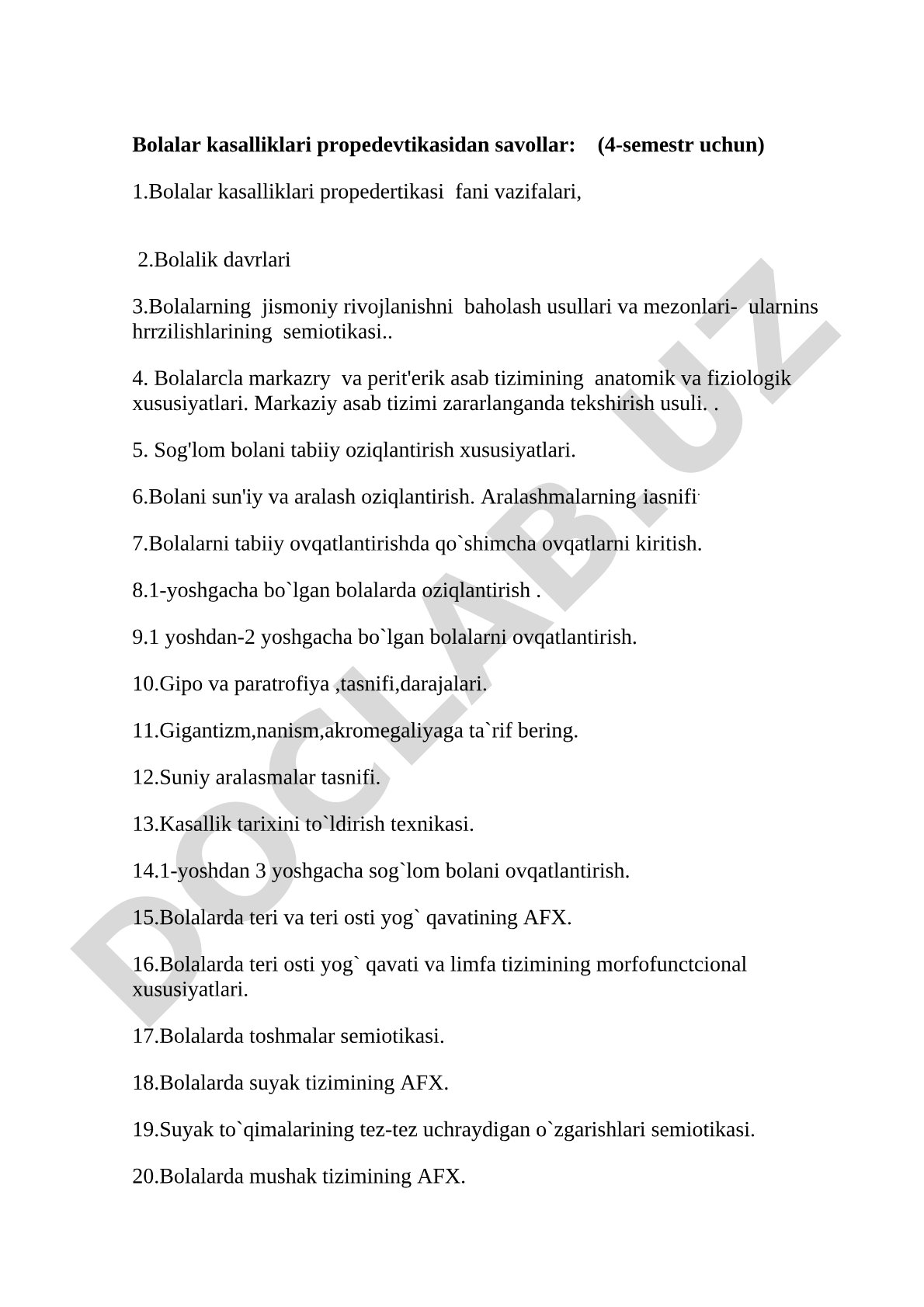 Bolalar kasalliklari propedevtikasidan savollar