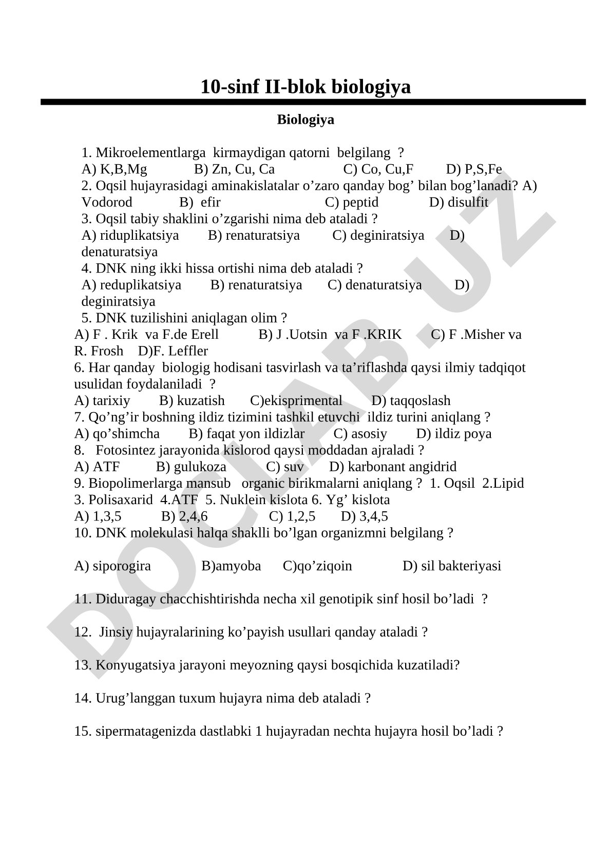 10-sinf II-blok biologiya test savollari