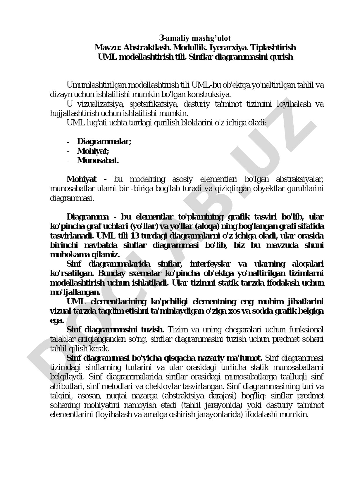 Abstraktlash. Modullik. Iyerarxiya. Tiplashtirish UML modellashtirish tili. Sinflar diagrammasini qurish