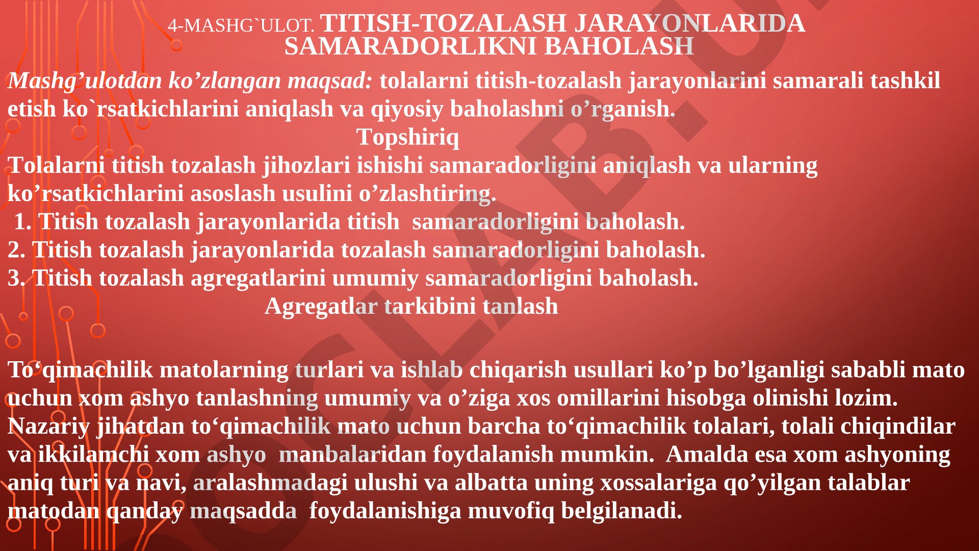 Titish-tozalash jarayonlarida samaradorlikni baholash