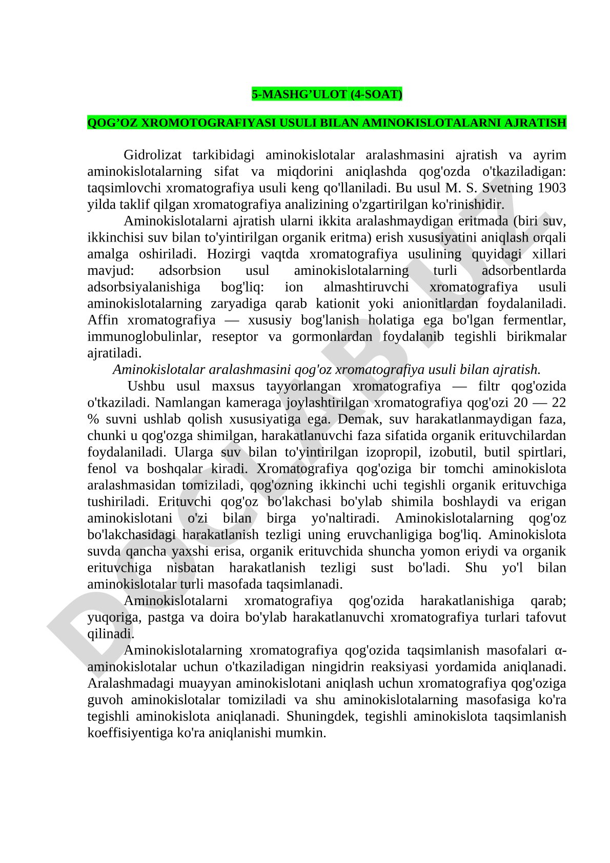 Qog'oz xromotografiyasi usuli bilan aminokislotalarni ajratish