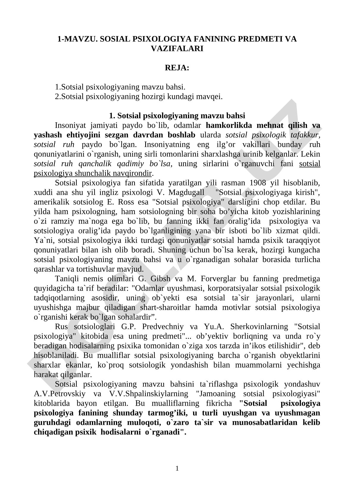 Sotsial psixologiya fanining predmeti va vazifalari