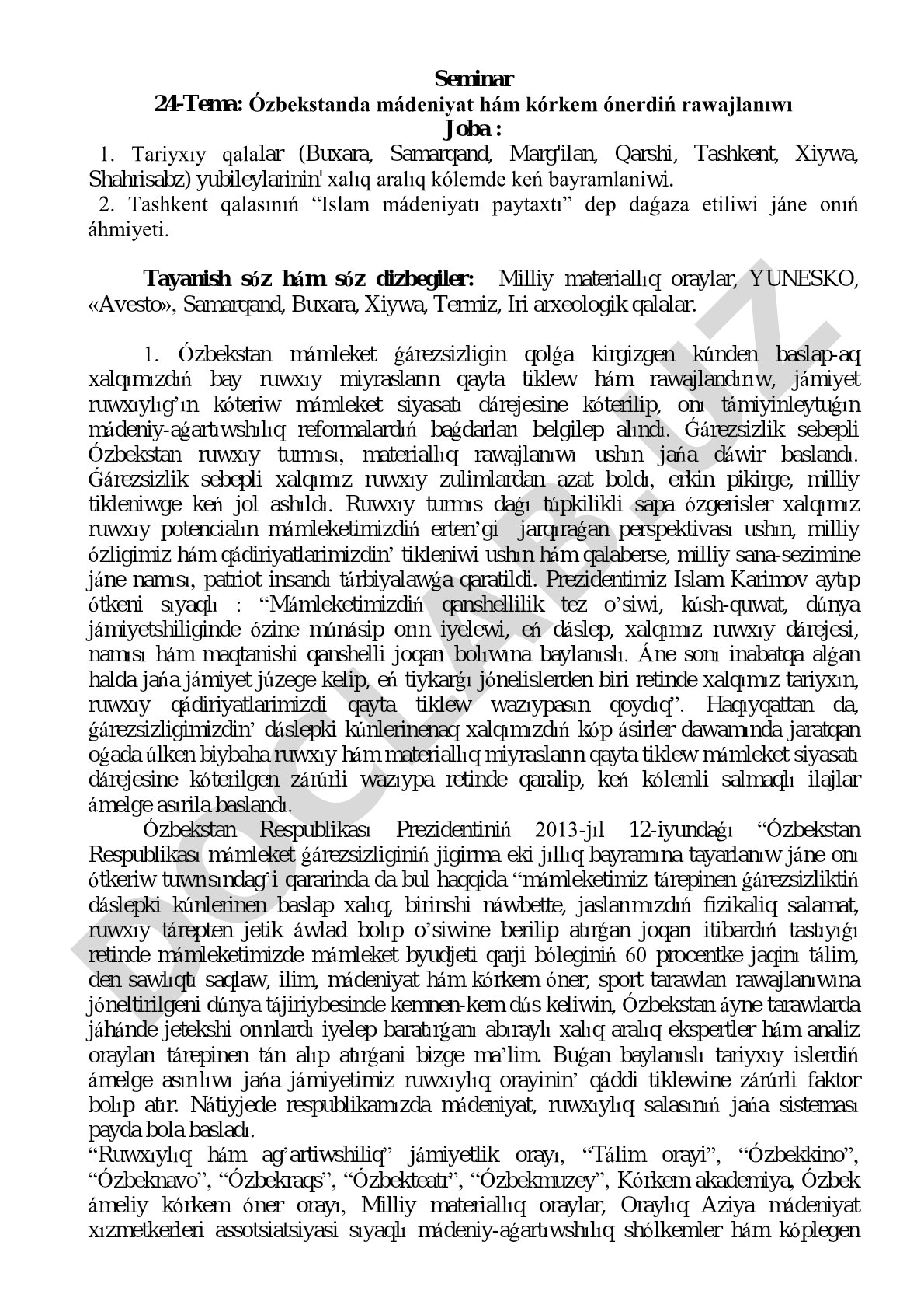 Ózbekstanda mádeniyat hám kórkem ónerdiń rawajlanıwı