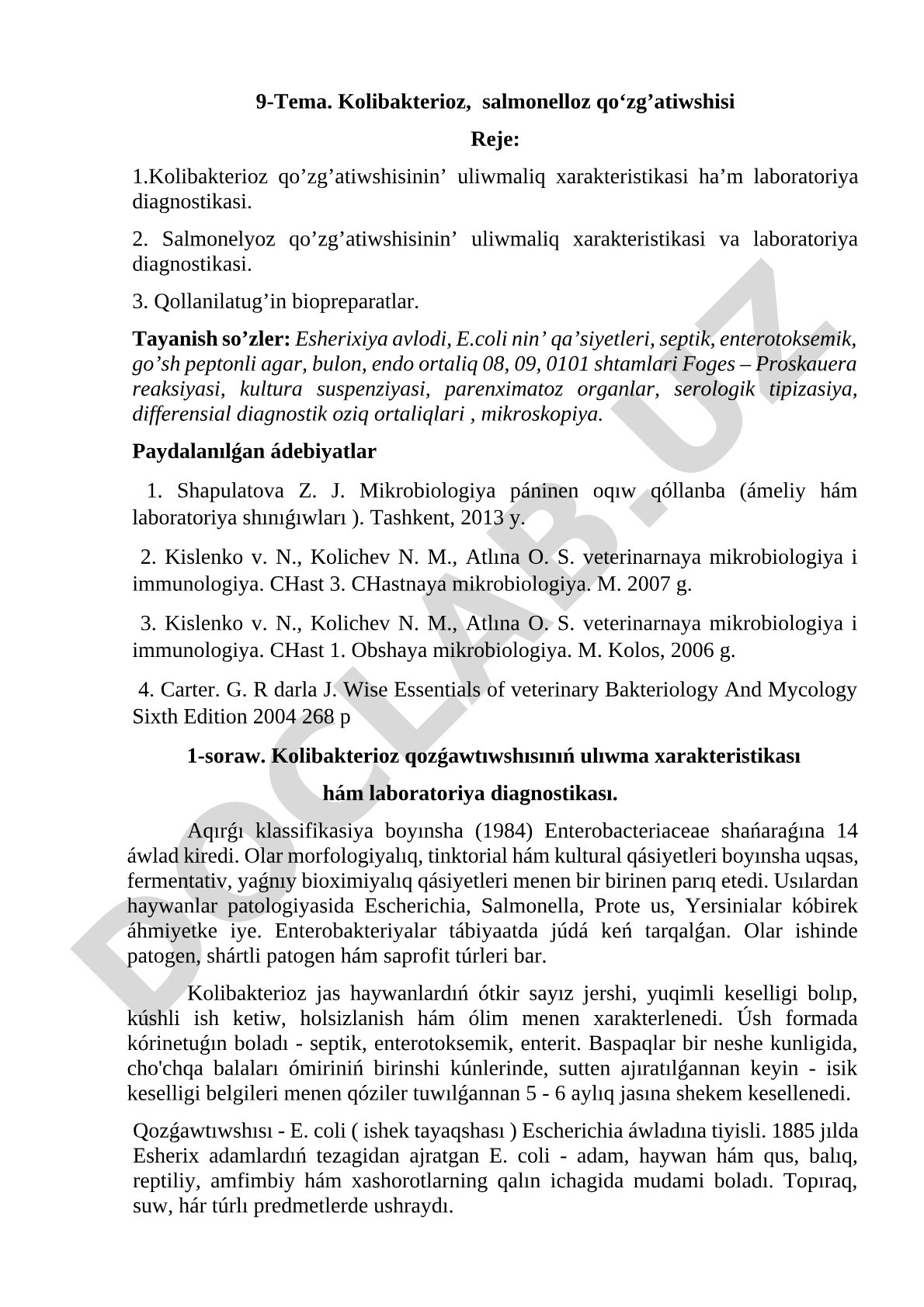Kolibakterioz, salmonelloz qo‘zg’atiwshisi