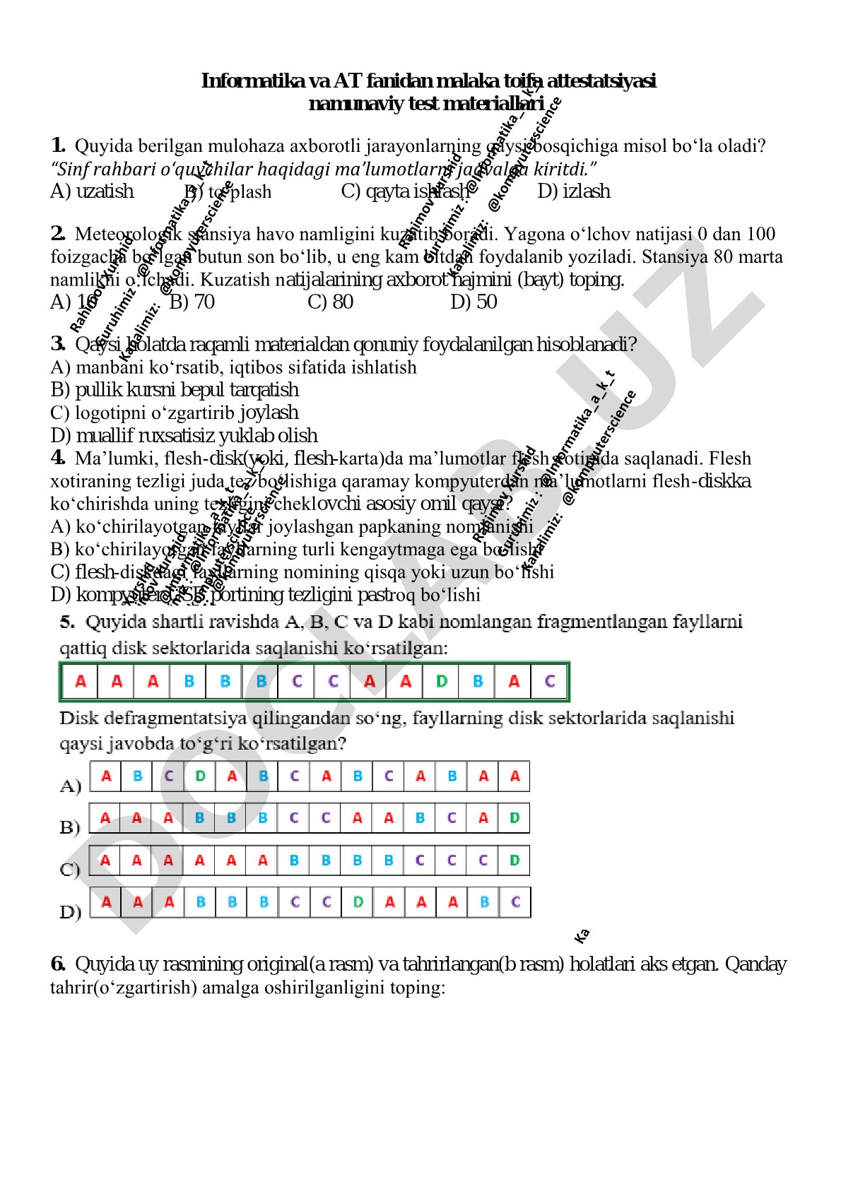 Informatika va AT fanidan malaka toifa attestatsiyasi namunaviy test materiallari