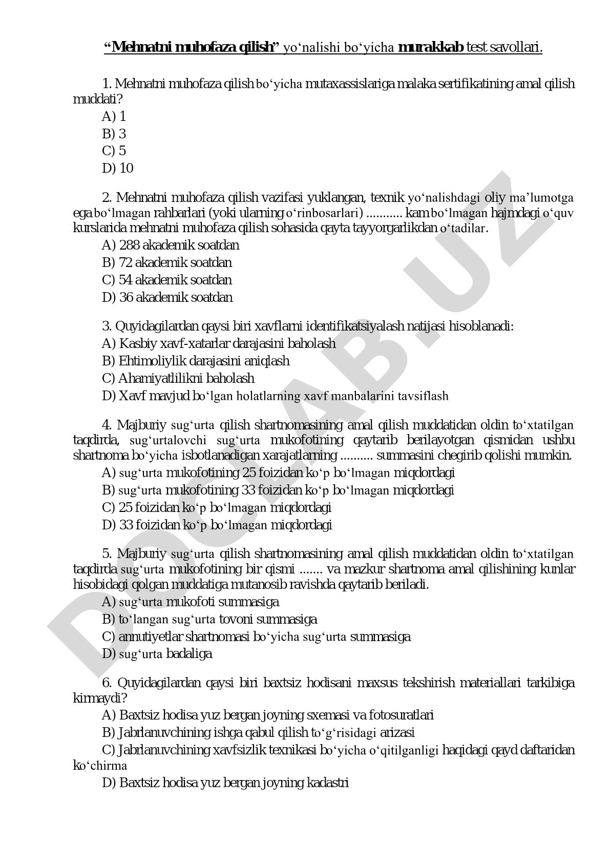 Mehnatni muhofaza qilish yo‘nalishi boʻyicha murakkab test savollari